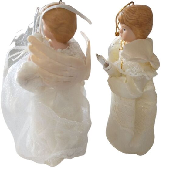 Vtg Angel Tree Toppers Holding Lights Lace Satin Ceramic Heads Fairy Christmas. - Picture 8 of 16